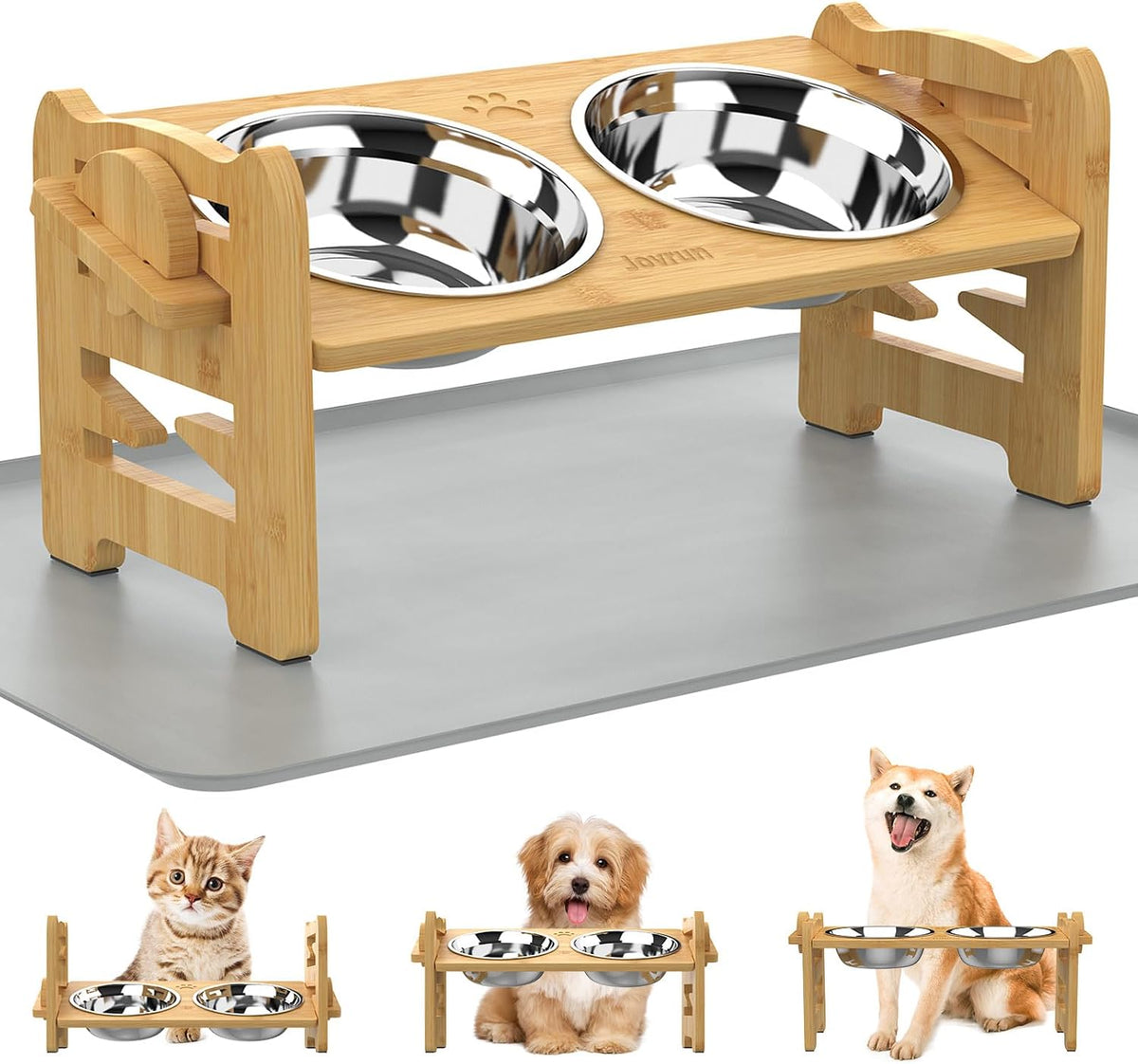 Jovrun Elevated Dog Bowls, Adjustable Raised Dog Bowl Stand for Small Size Dogs and Cats, 15°Tilted Elevated Cat Bowls, Durable Bamboo Dogs Feeder with 2 Stainless Steel Bowls and Non-Slip Feet
