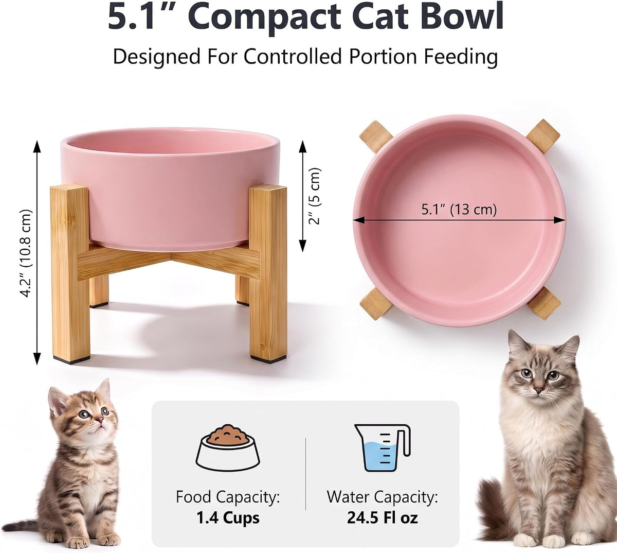 Raised Dog Bowl - Ceramic Elevated Dog Bowl with Non‑Slip Bamboo Stand for Food and Water - Microwave and Dishwasher Safe - 5.1" Dish for Cats and Small Dogs - 140 g / 320 ml - Pink