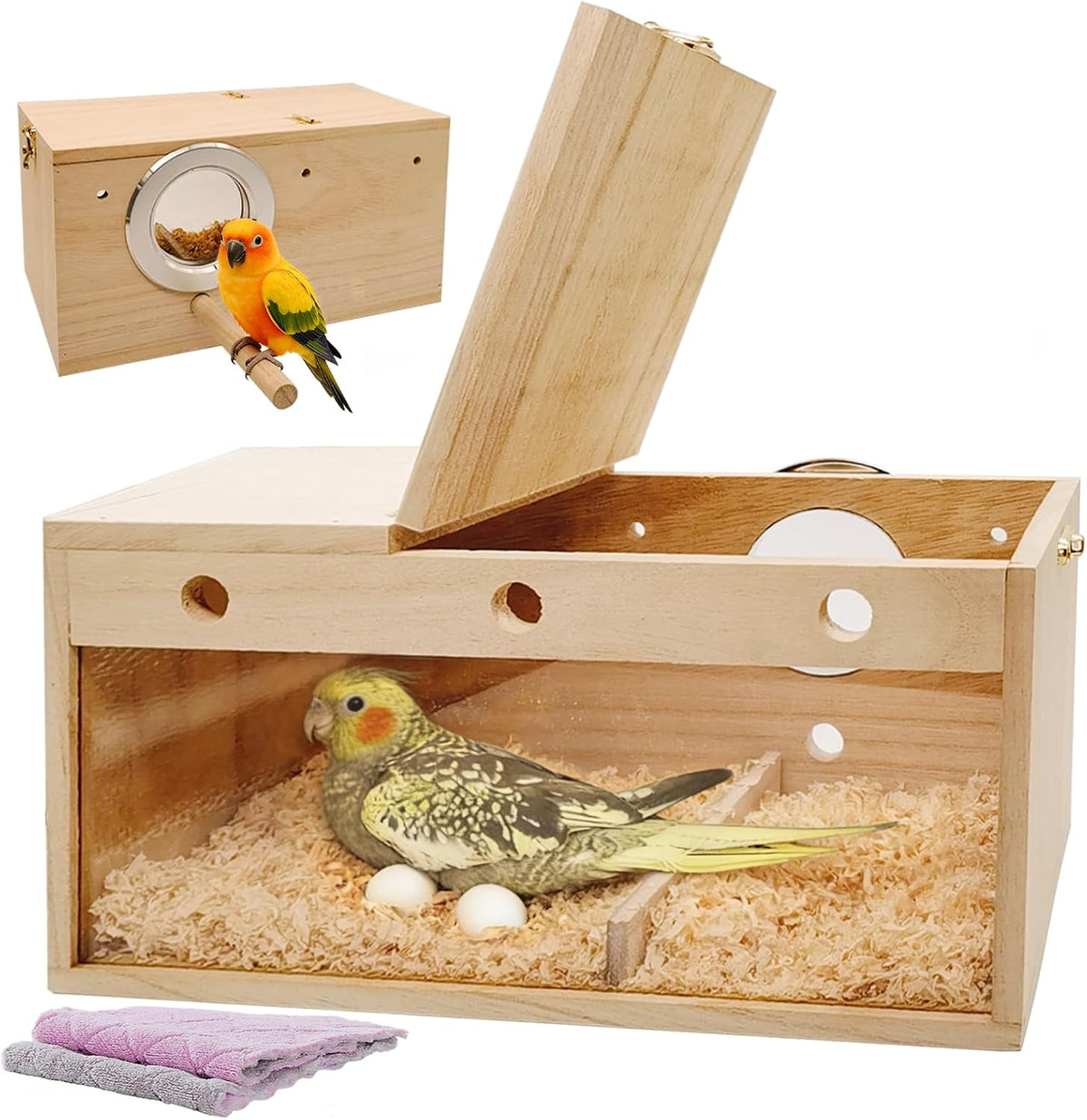 Parakeet Nesting Box with Acrylic Window, Natural Wood Breeding Box with Perch and Top-Open Lid, Bird Cage Nest House for Cockatiel Budgie Lovebirds Conure, Medium 9.8 x 4.7 x 4.9 in