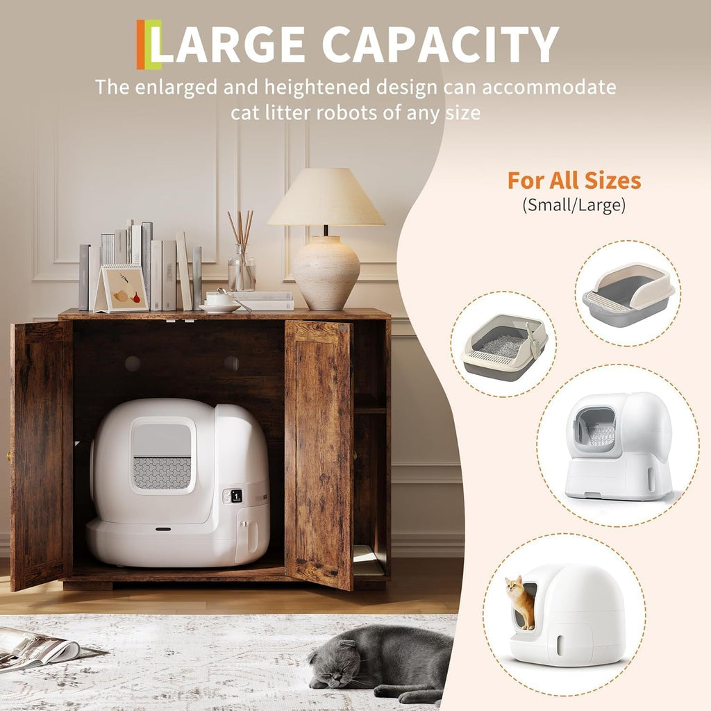 Large Litter Box Enclosure, Hidden Litter Box Furniture with Built-in Power Outlet & Litter Catcher, Fits Large & Automatic Cat Litter Boxes, Sturdy Easy-to-Assemble Cat Litter Box Enclosure for Home