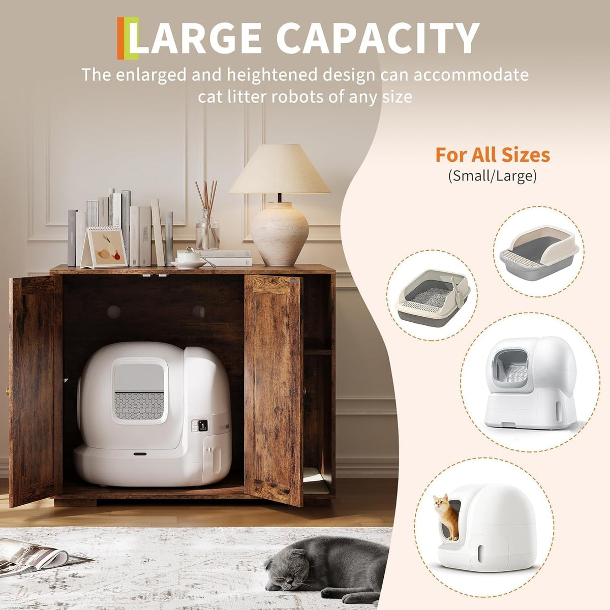 Large Litter Box Enclosure, Hidden Litter Box Furniture with Built-in Power Outlet & Litter Catcher, Fits Large & Automatic Cat Litter Boxes, Sturdy Easy-to-Assemble Cat Litter Box Enclosure for Home