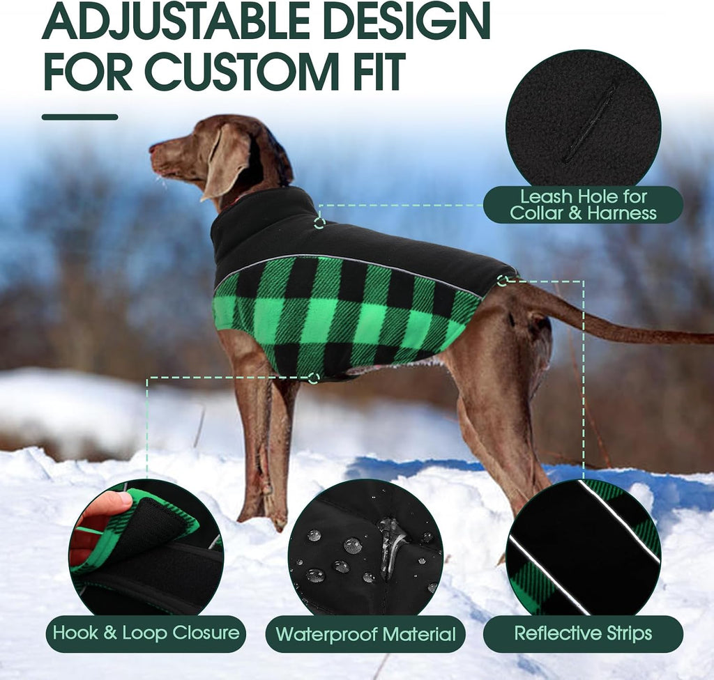 Kuoser Dog Winter Coat, Reversible Waterproof Dog Jacket with Reflective Strip, Warm Dogs Fleece Vest Adjustable Doggy Cold Weather Clothes Plaid Christmas Outfit Pet Apparel for Large Dogs, Green L