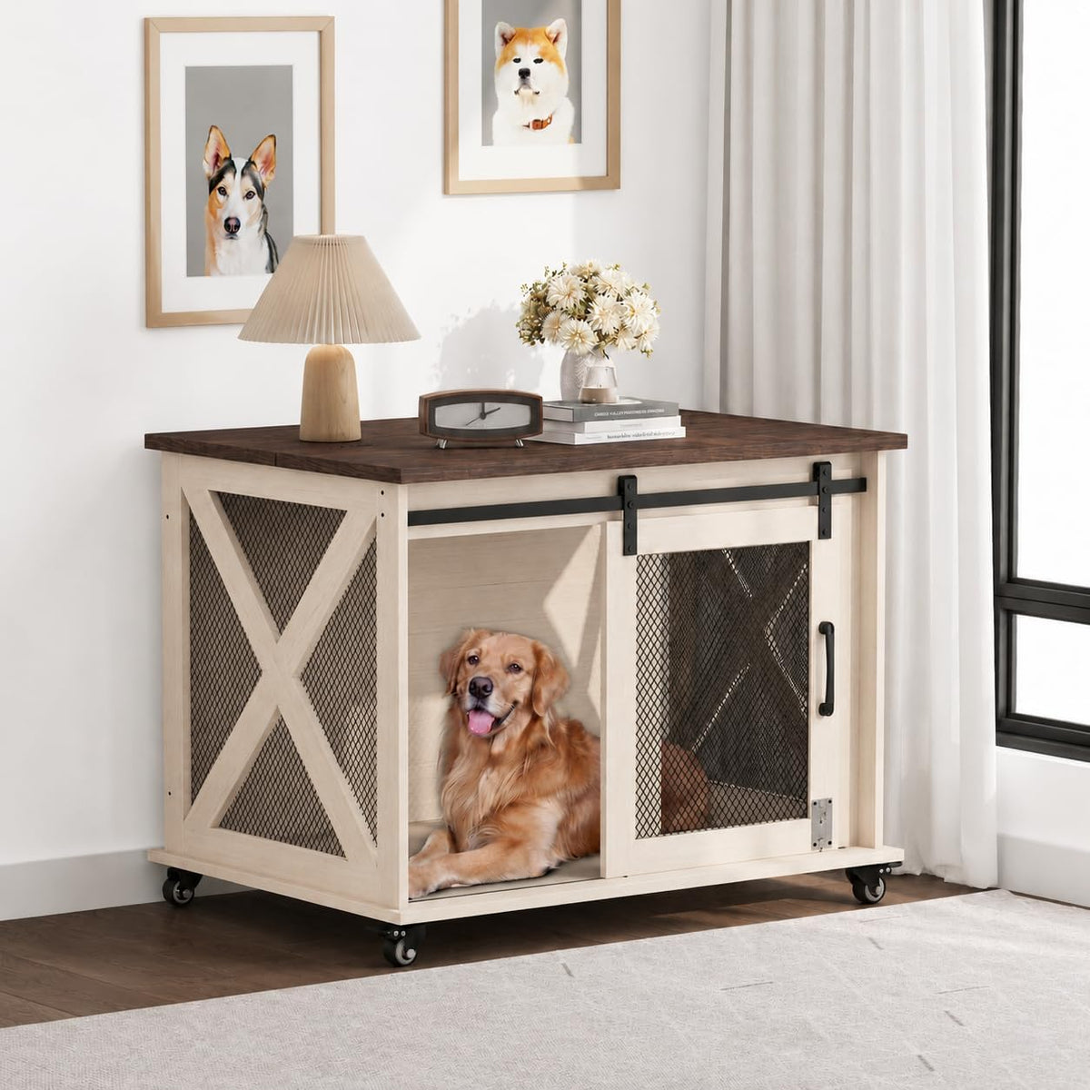 GarveeLife 37" Dog Crate Furniture, Side End Table, Farmhouse Dog Crate