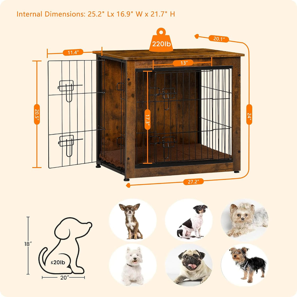 DWANTON 27" Dog Crate Furniture, Dog Kennel Indoor, with Waterproof Cushion