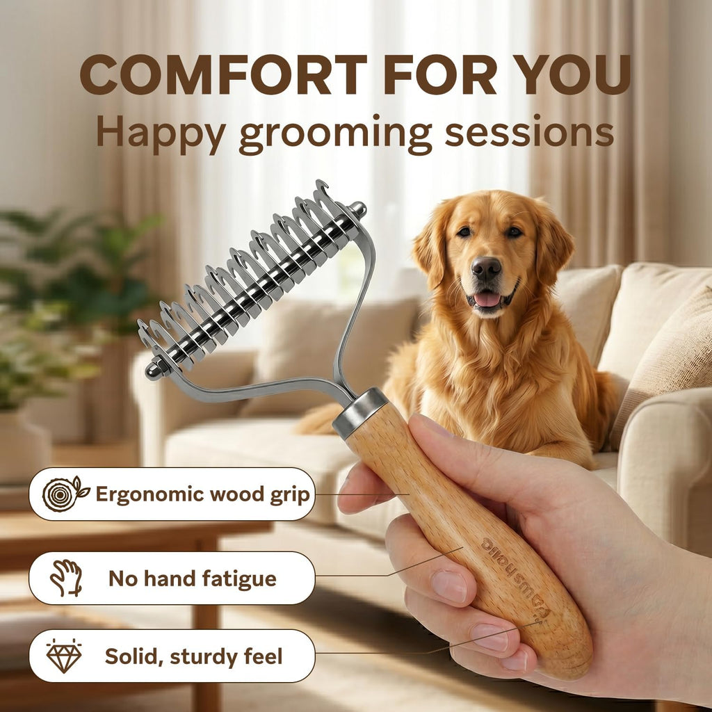Undercoat Rake for Dogs - Professional Pet Shedding Dematting Comb with Wood Handle, Stainless Steel Blades for Pet Cats Dogs Matted Hair Tangles Removing
