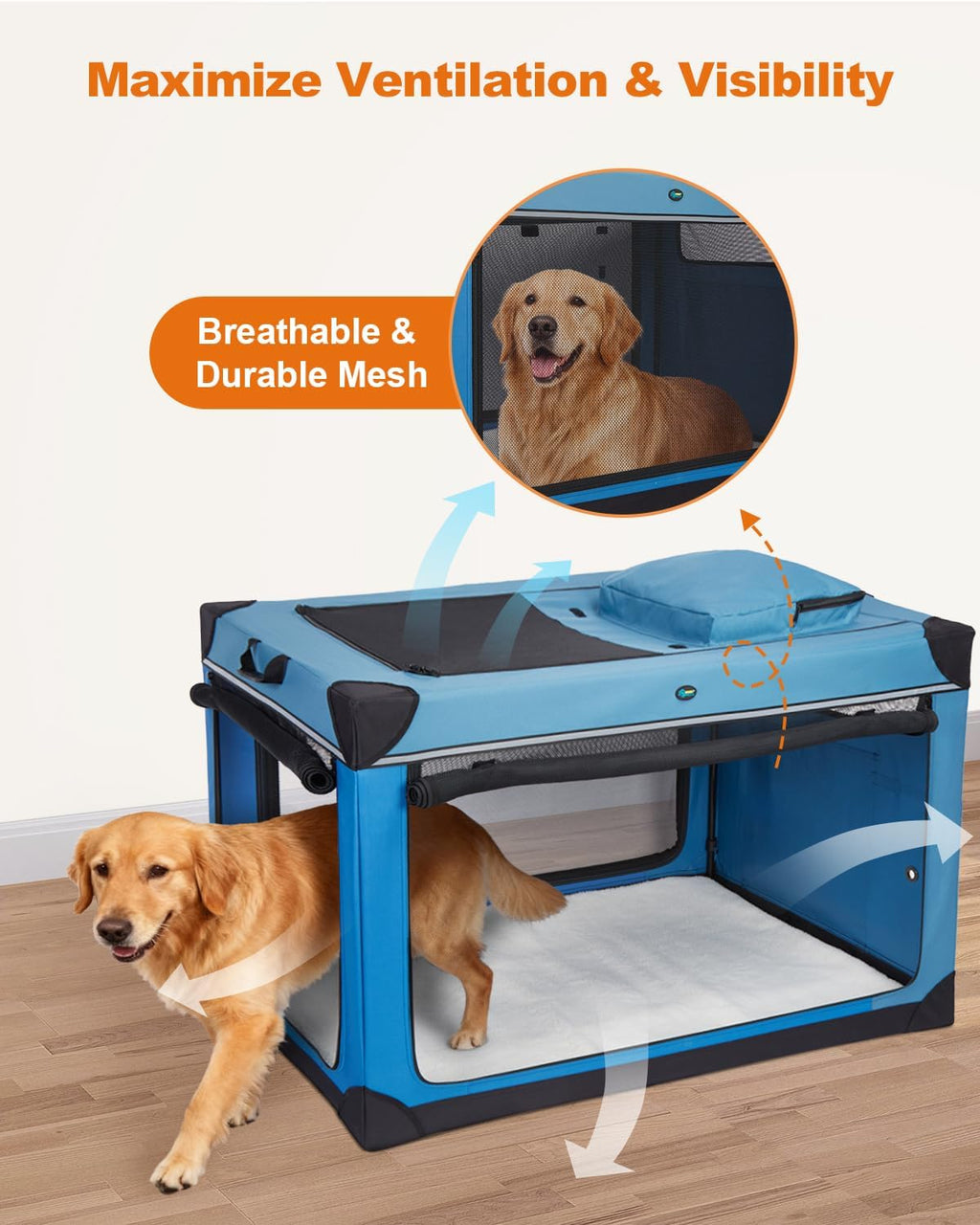 Ownpets Collapsible Travel Dog Crate for Large Dogs, 48x31x31 inches, Blue