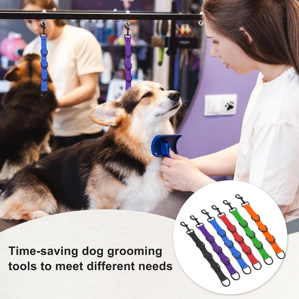 Pet Dog Grooming Loops, Adjustable Nylon Table Arm Extender Belly Strap with 6 Black D-Rings Restraint Leash(Green/Blue, 2Pcs), Intended for Fixed Dog Bathing Hair Cutting
