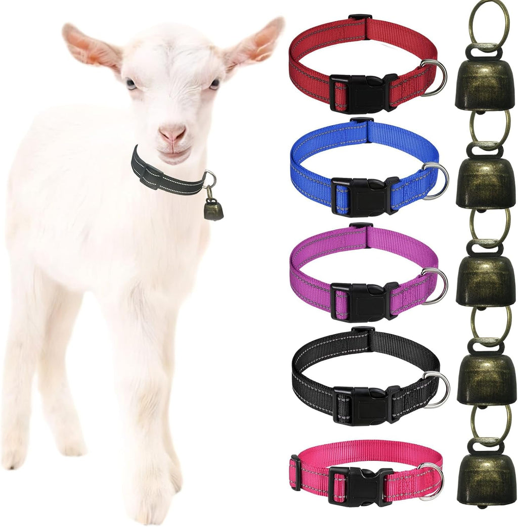 5 Pack Reflective Goat Collars with Grazing Copper Bells and Adjustable Nylon Collar with Anti-Lost Loud Bronze Bell for Farm Animal Goat Sheep Horse Cow(Size:M Neck:14-20")