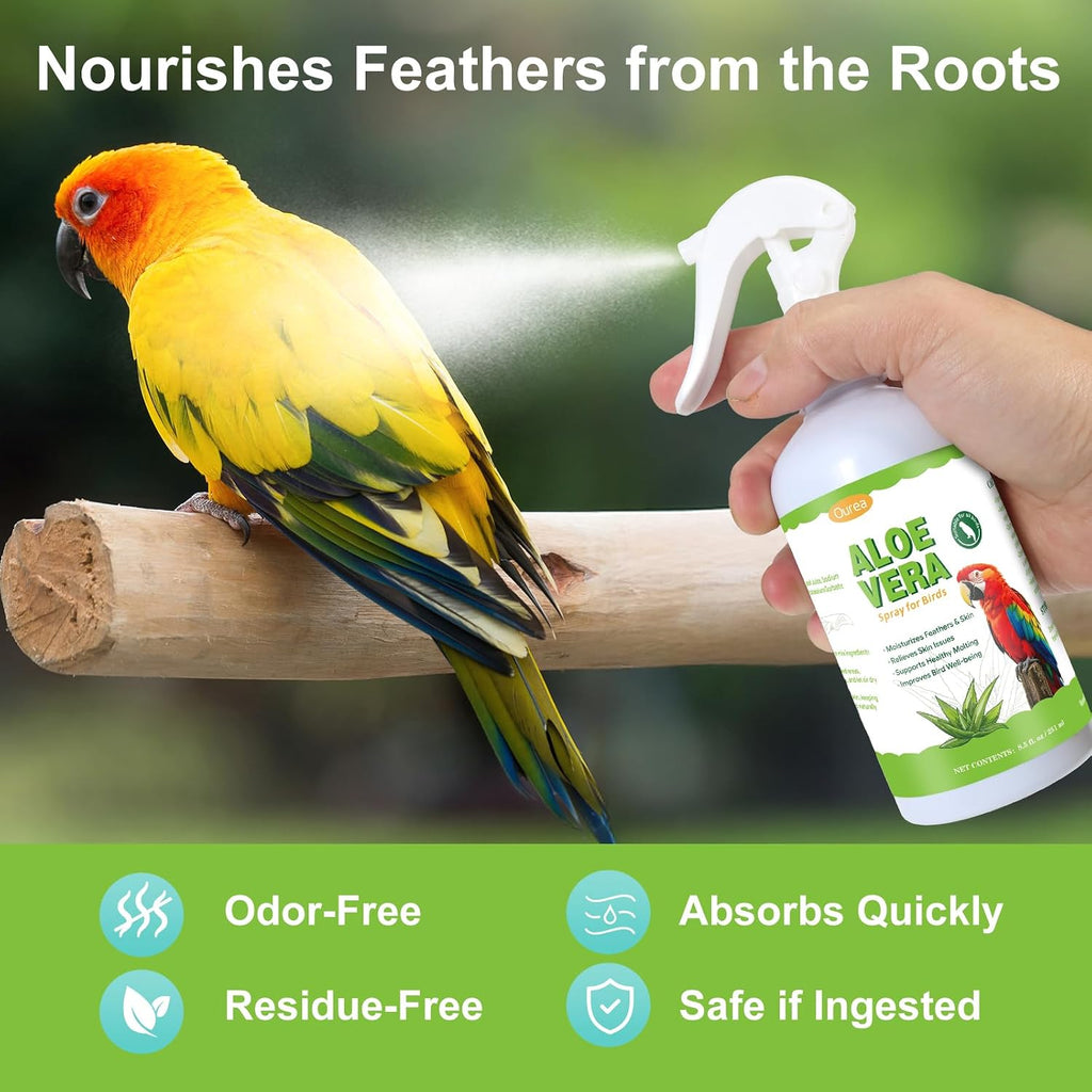 Aloe Vera Bird Spray, Moisturizes Feathers Soothes Dry Itchy Skin, Supports Molting Healthy Plumage, Prevent Feather Plucking Gentle Care, Safe Effective for Parrots Finches All Birds, Odor-Free