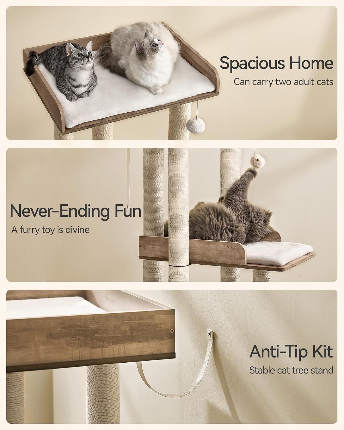 FourFurPets 43.7" Modern Cat Tree for Large Cats, Quick One‑Person Assembly
