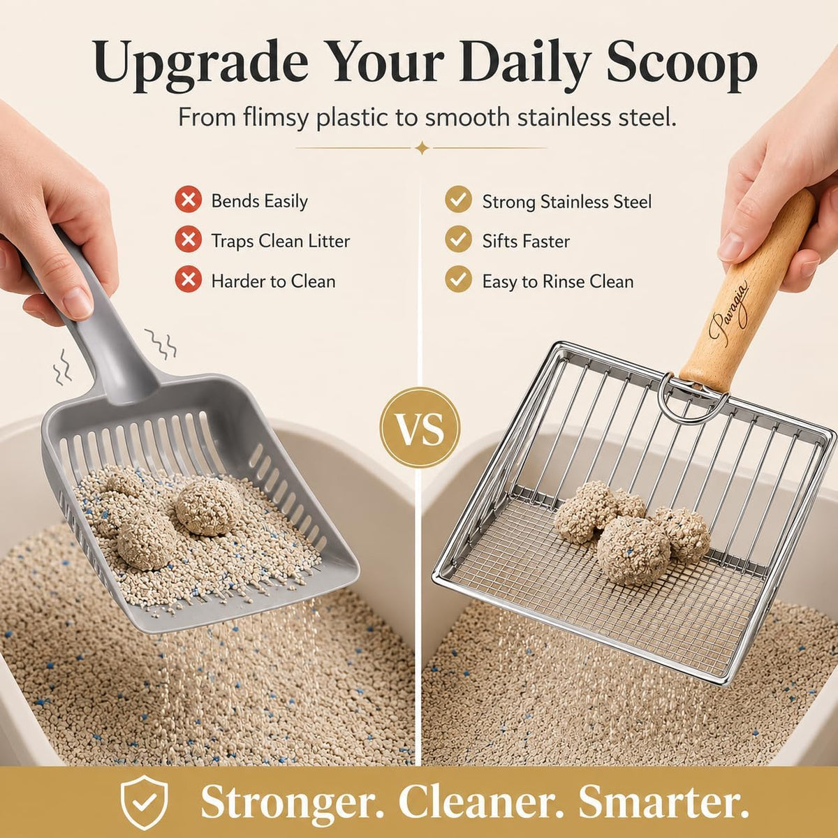 Premium Stainless Steel Cat Litter Scoop with Wooden Handle, Heavy Duty Metal Kitty Litter Scooper with Deep Sifting Basket & Built-in Hook, Durable Modern Litter Scoop for Cat Litter Box