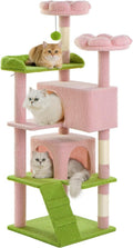 Cat Tree Tower 56in Cat Trees Multi-Level Cat Condos with Spacious Perch, 2 Cozy Condos, Scratching Posts, Climbing Ladder, Toy Ball, Durable Pet House Furniture for Indoor Kittens, Pink Green Flower
