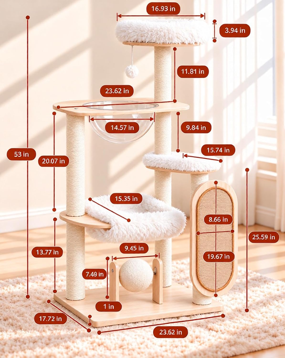 53-Inch Modern Wooden Cat Tree, Multi-Level Cat Tower for Indoor Cats