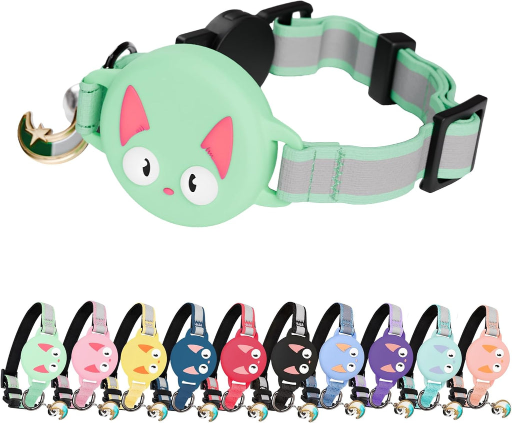 Cat Collar with AirTag Holder, Compatible with Apple AirTag 1st & 2nd Gen – Breakaway, Reflective & Glow in the Dark, Waterproof, with Bell, Adjustable 9-12" Kitten Collar – Green Mint