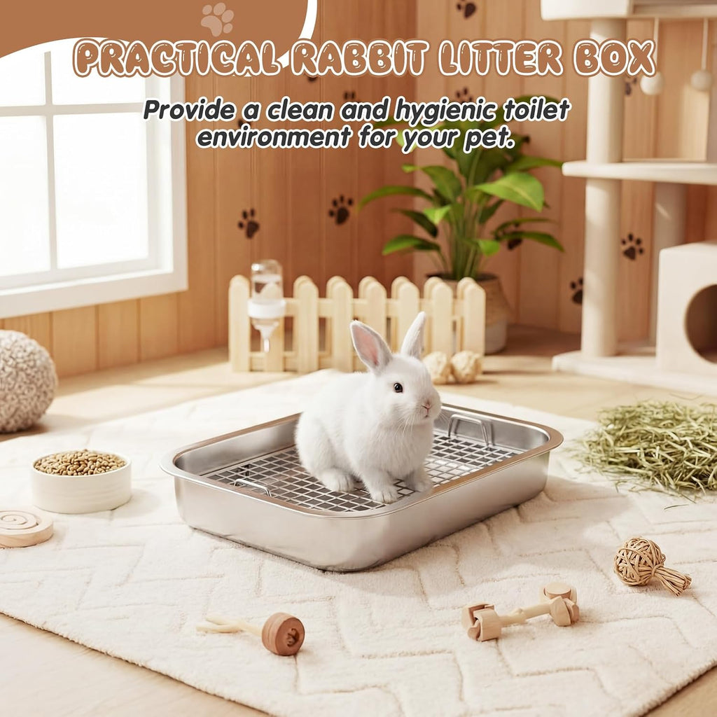 Maxcheck 2 Pcs Rabbit Litter Box, Stainless Steel Rabbit Litter Pan with 2 Grids, High Side Bunny Toilet Tray Potty Training Pan for Rats Ferret Bunny Guinea Pig(S 14.2''L x 11.2''W x 2.5''H)