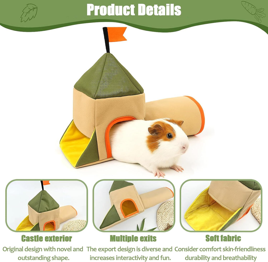Guinea Pig Hideout and Toys, Castle Theme Small Pet Tunnel and Bed with Flag for Bunny Rabbit Ferret Hamster Chinchilla Hedgehog Hiding and Resting, 17.3in Long(Khaki)