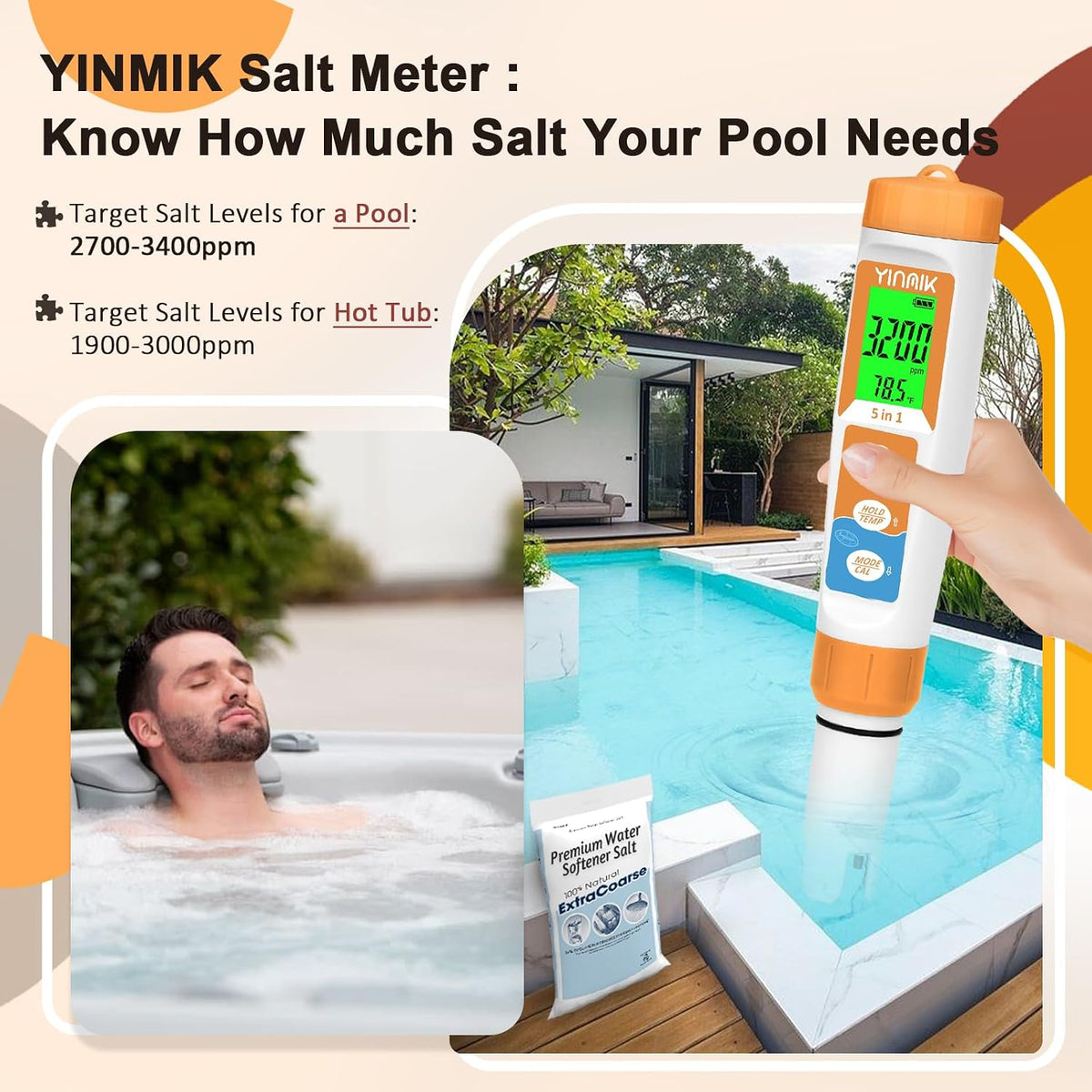 YINMIK Pool Salt Tester New Update 5 in 1 pH TDS EC Salinity Meter