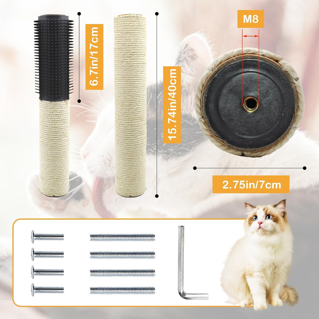 4pcs M8 Cat Scratching Post Replacements,15.7 in Sisal Cat Tree Replacement Poles with Self Groomer Massage Sisal Pole Parts for Indoor Cats Kitten Tree Furniture Protector