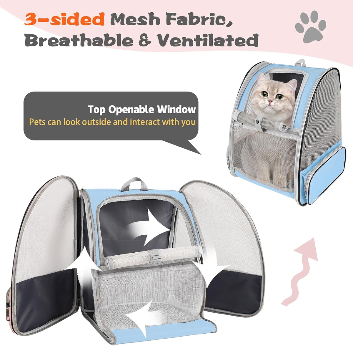 Cat Backpack Carrier,Pet Carrier Airline Approved for Small Dog Cat Puppy Kitten Bunny,Ventilated Mesh Design Animal Backpack for Hiking Camping Travel Bag (Blue)