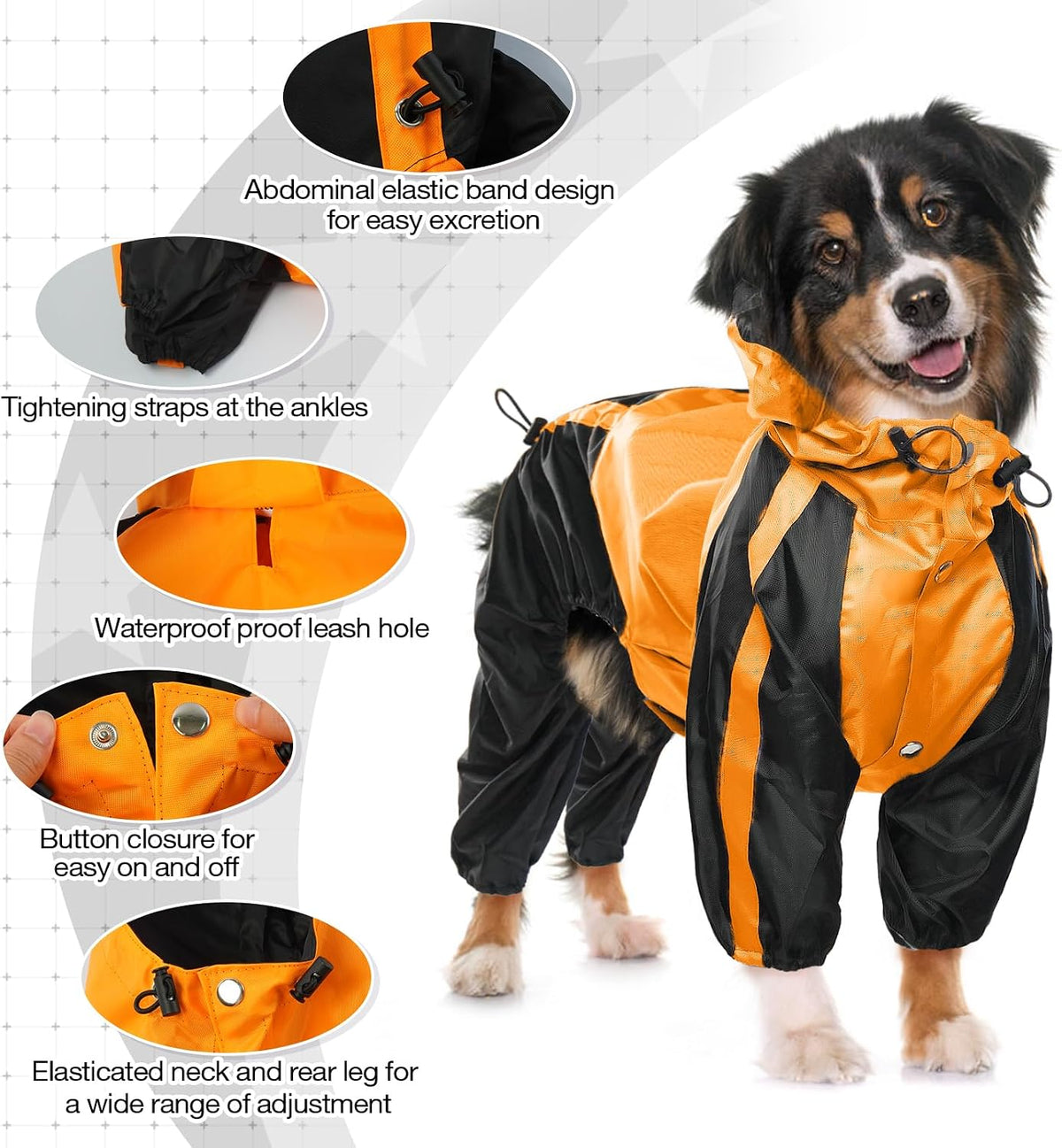 Dog Raincoat, 4 Leg Waterproof Dog Rain Jacket with Hood, Orange M