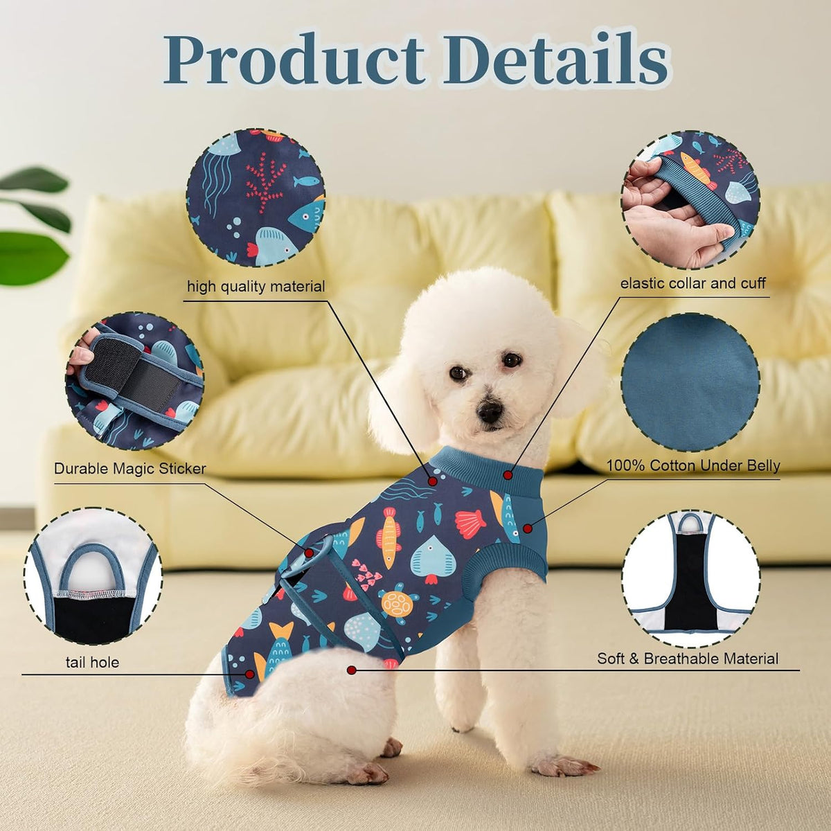 Recovery Suit for Dogs Cats,Female Male Dog Onesie for Spay Neuter,Substitute E-Collar & Cone,Anti-Licking Breathable Onesie for Small Medium Large Dogs Cats (Fish,S)