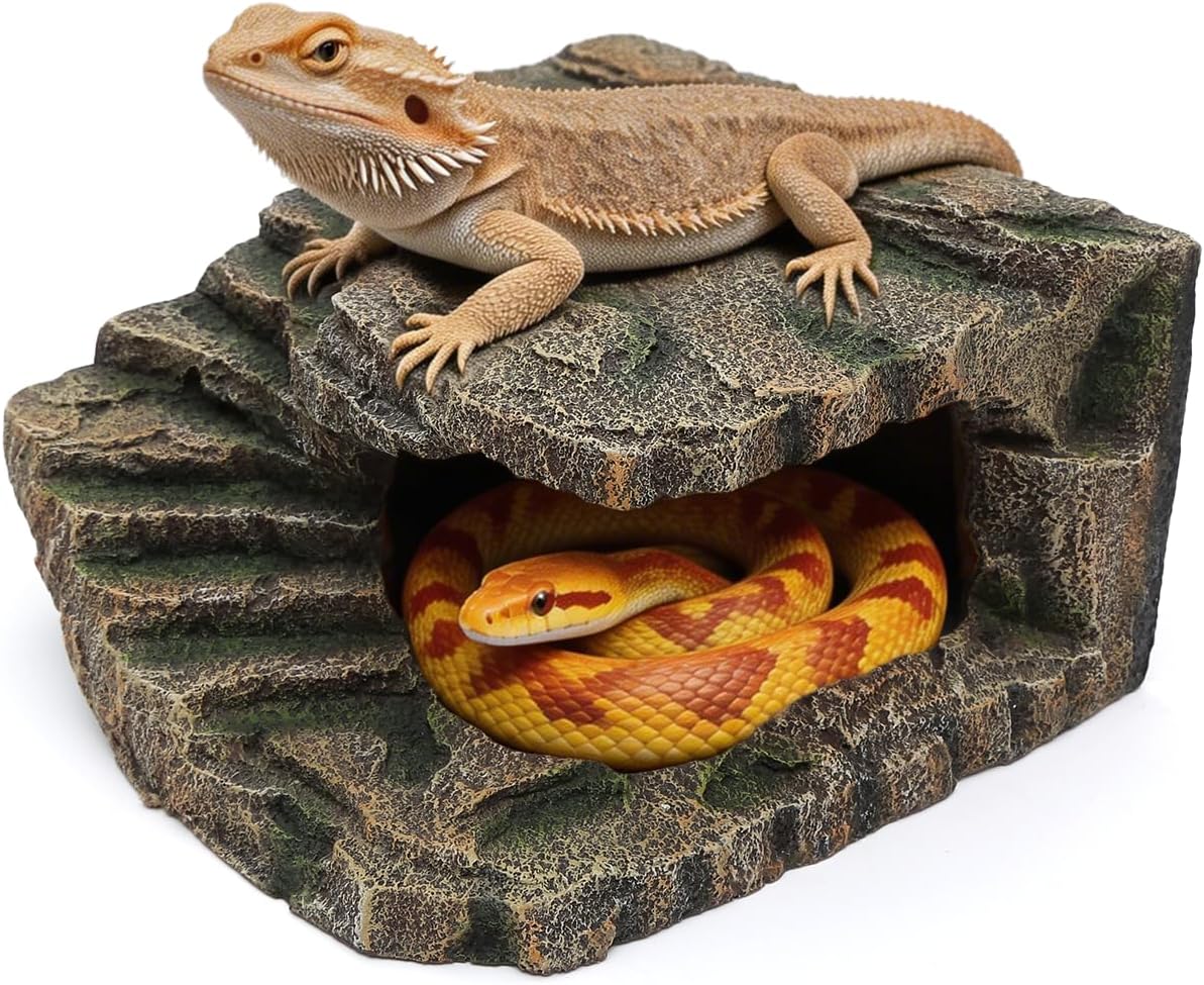 REPTITRIP Large Reptile Hide and Basking Platform, Resin Rock Cave for Geckos, Frogs, Turtles and Lizards