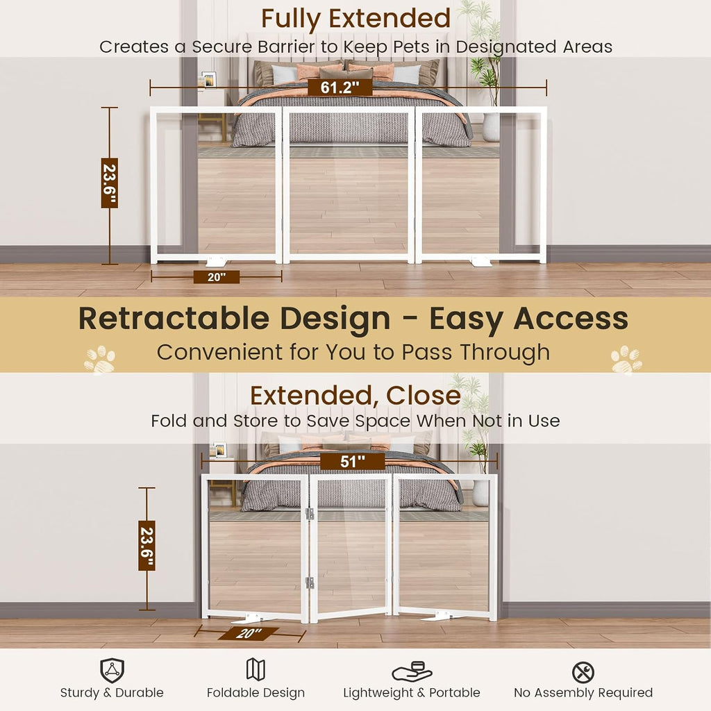 Snughome Clear Freestanding Dog Gate, 23.62" H Acrylic Pet Gate, 61.2" W