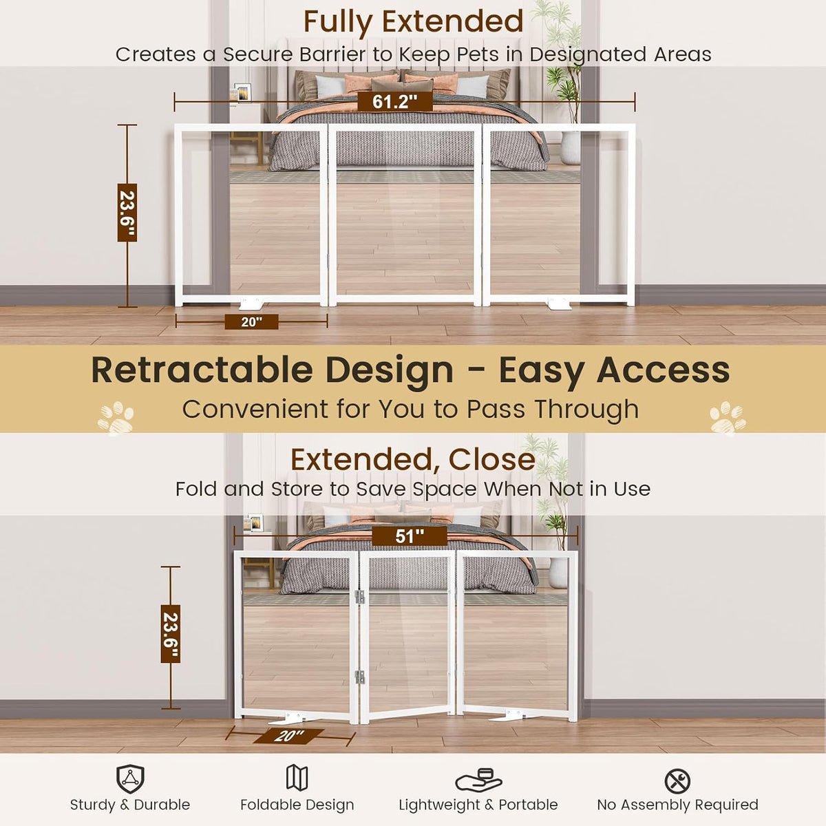 Snughome Clear Freestanding Dog Gate, 23.62" H Acrylic Pet Gate, 61.2" W