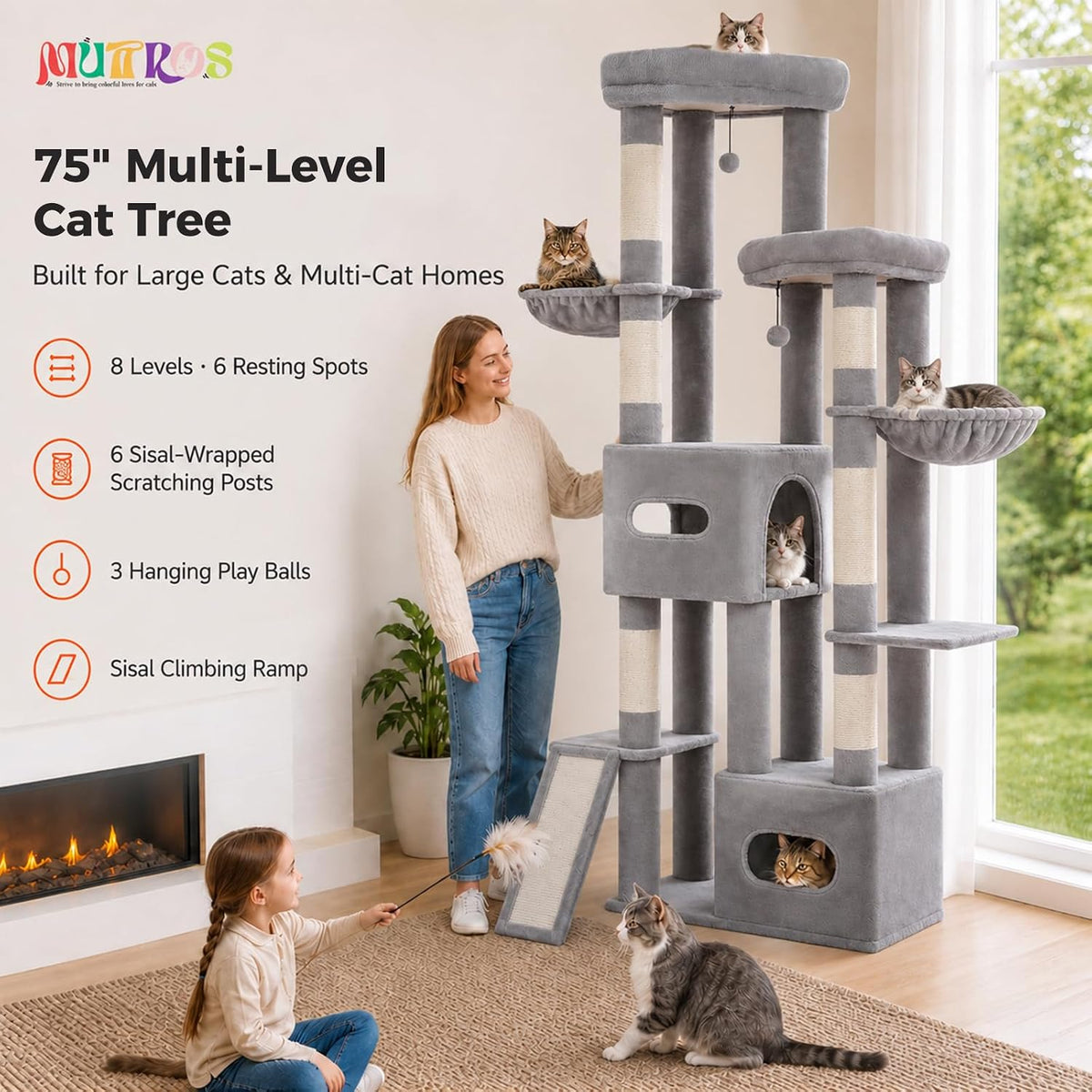 MUTTROS Heavy Duty Cat Tree, 8 Level Corner Tower for Large Adult Cats