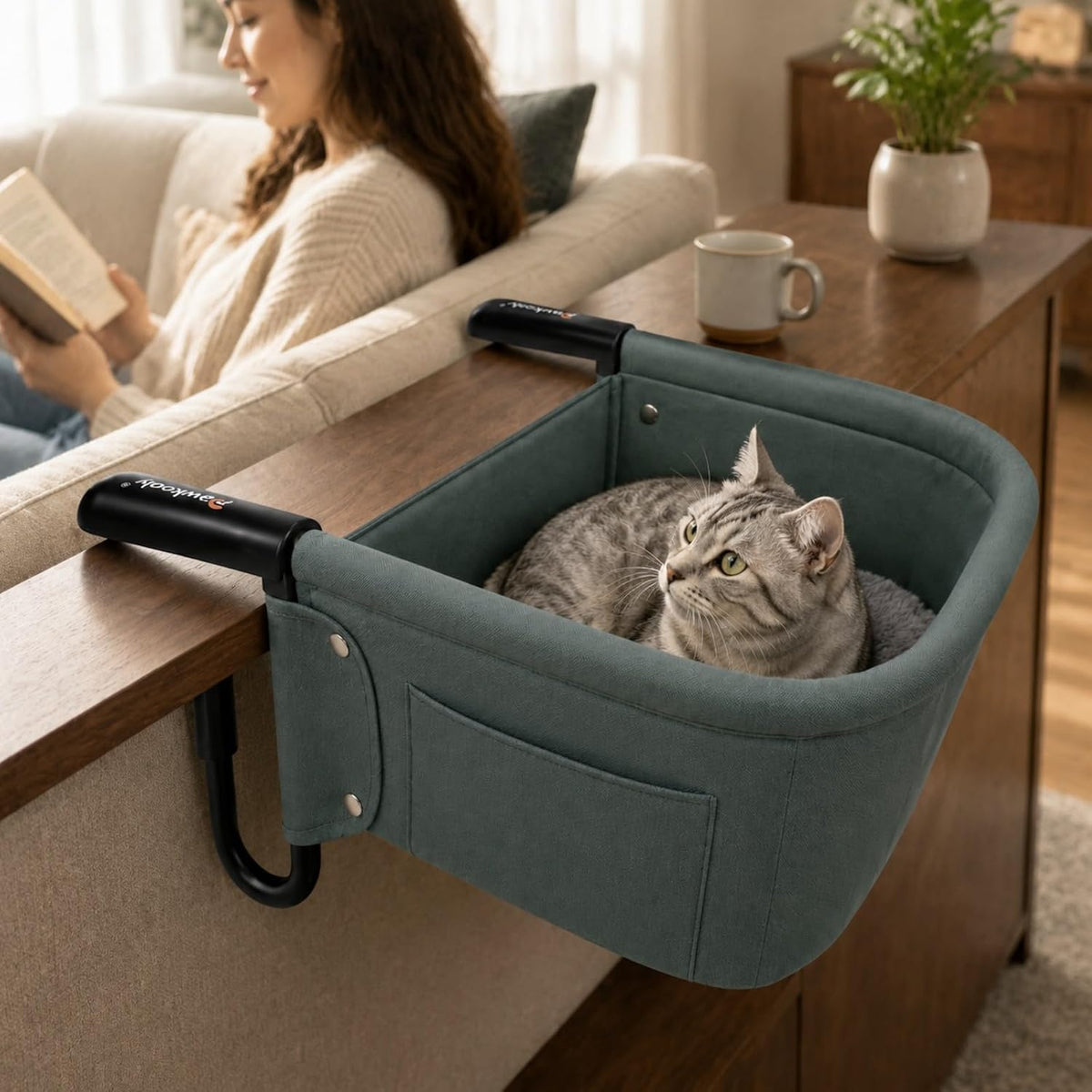 Extra-Sturdy Clamp-On Cat Desk Bed Attachment for Large Cats 50LBS,Desk Mount Cat Perch Hammock with Dual-Sided Detachable Mat&Side Storage Pockets,Tool-Free Easy Install for Gaming/Office(Sage Green)