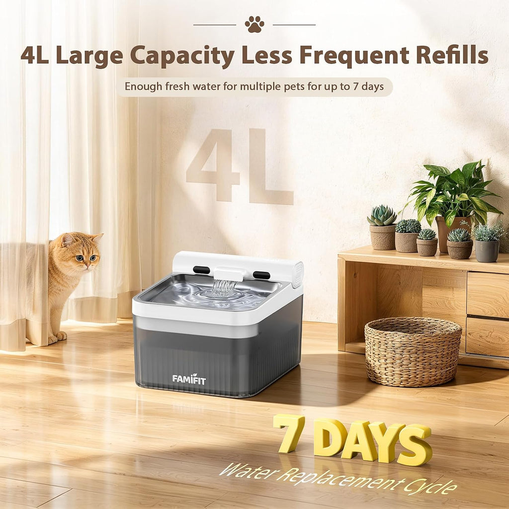 4L Automatic Cat Water Fountain, Wireless Pump Stainless Steel Bowl