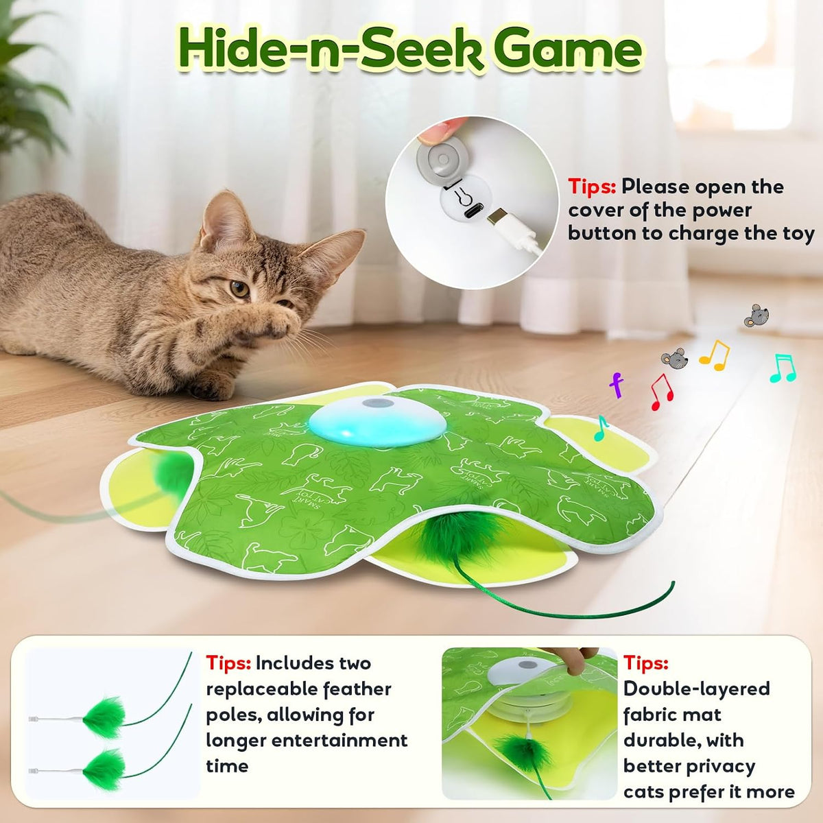 Saolife Interactive Cat Toys with Moving Feather Concealed in Mat, Rechargeable Cat Exercise Toys for Bored Cats with Motion Activated, Mouse Squeaky (Green)