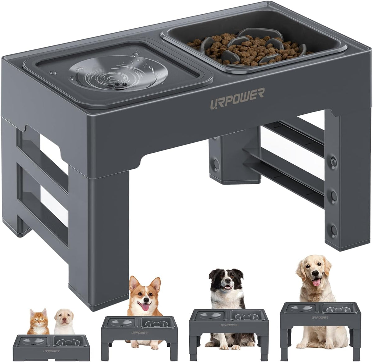 URPOWER 2-in-1 Elevated Slow Feeder Dog Bowls with No-Spill Water Bowl