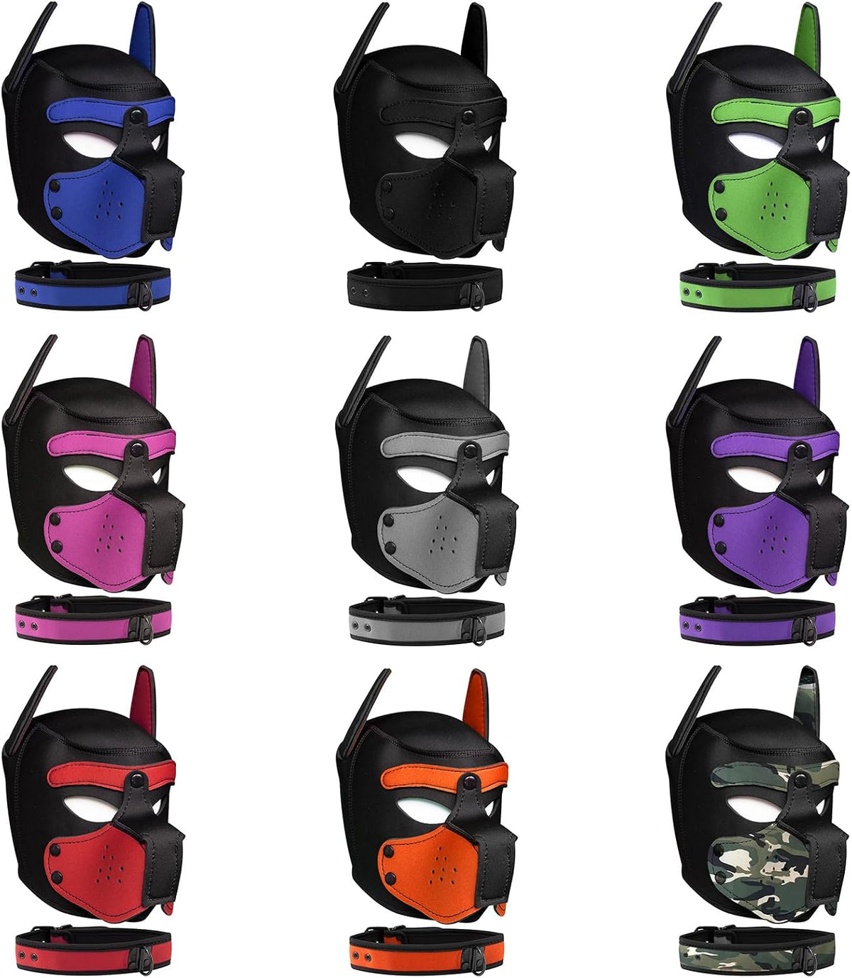 Pup Hood, Neoprene Puppy Mask with Removable Muzzle and Collar, Full Dog Face (9color) (Black-)