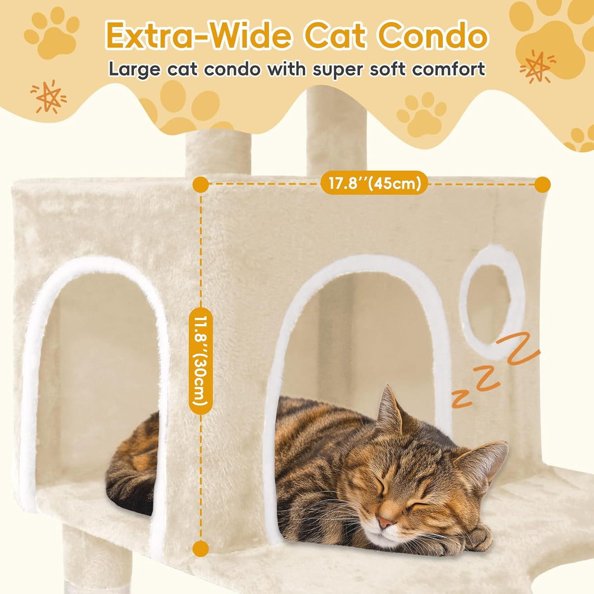 Large Multi-Level Cat Tree,80 Inches Tall with Sisal-Covered Scratching Posts, Condo, Hammock, Dangling Ball, and Extended Platform for Cats to Play and Sleep (Beige)
