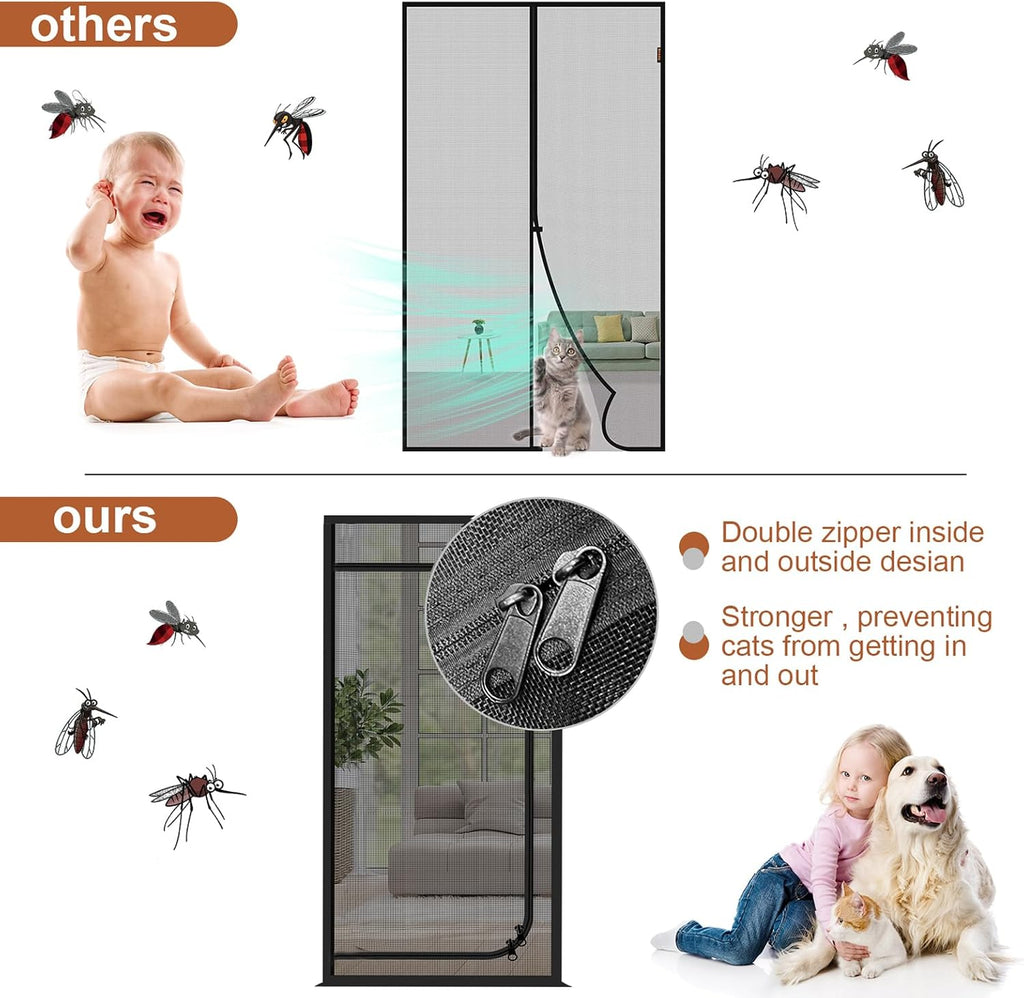 Upgraded Reinforced Pet Screen Door Thickened Cat Resistant Mesh Screen Door for Living Room, Bedroom, Patio, Dog Cat Scratch Proof Screen with Zipper Closure (Fits Door Size up to 32''x 80'', Black)