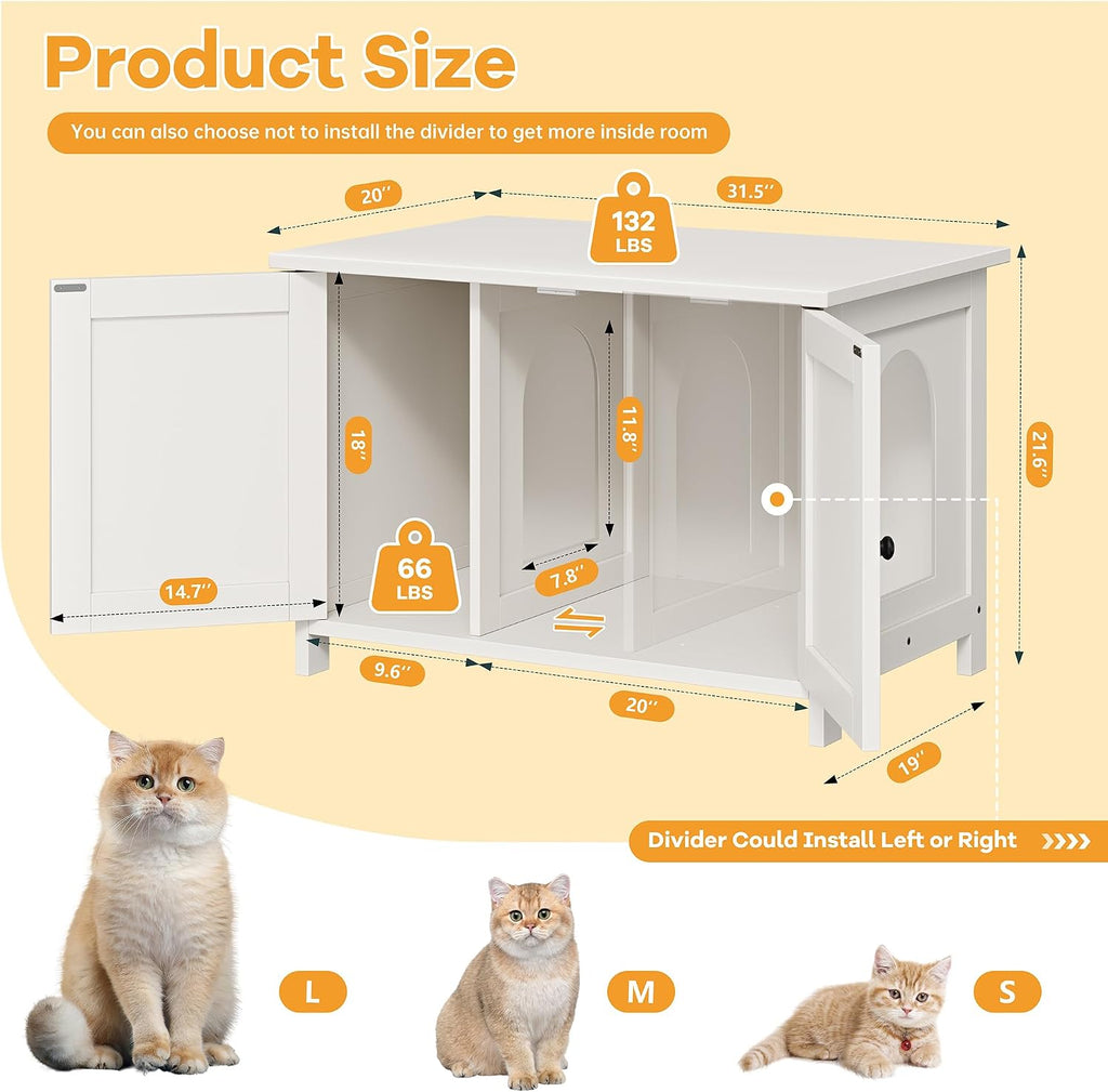 Shintenchi 31.5 inch Cat Litter Box Enclosure, Litter Box Furniture Cabinet Hidden with Removable Divider, Wooden Cat House with End Table, White