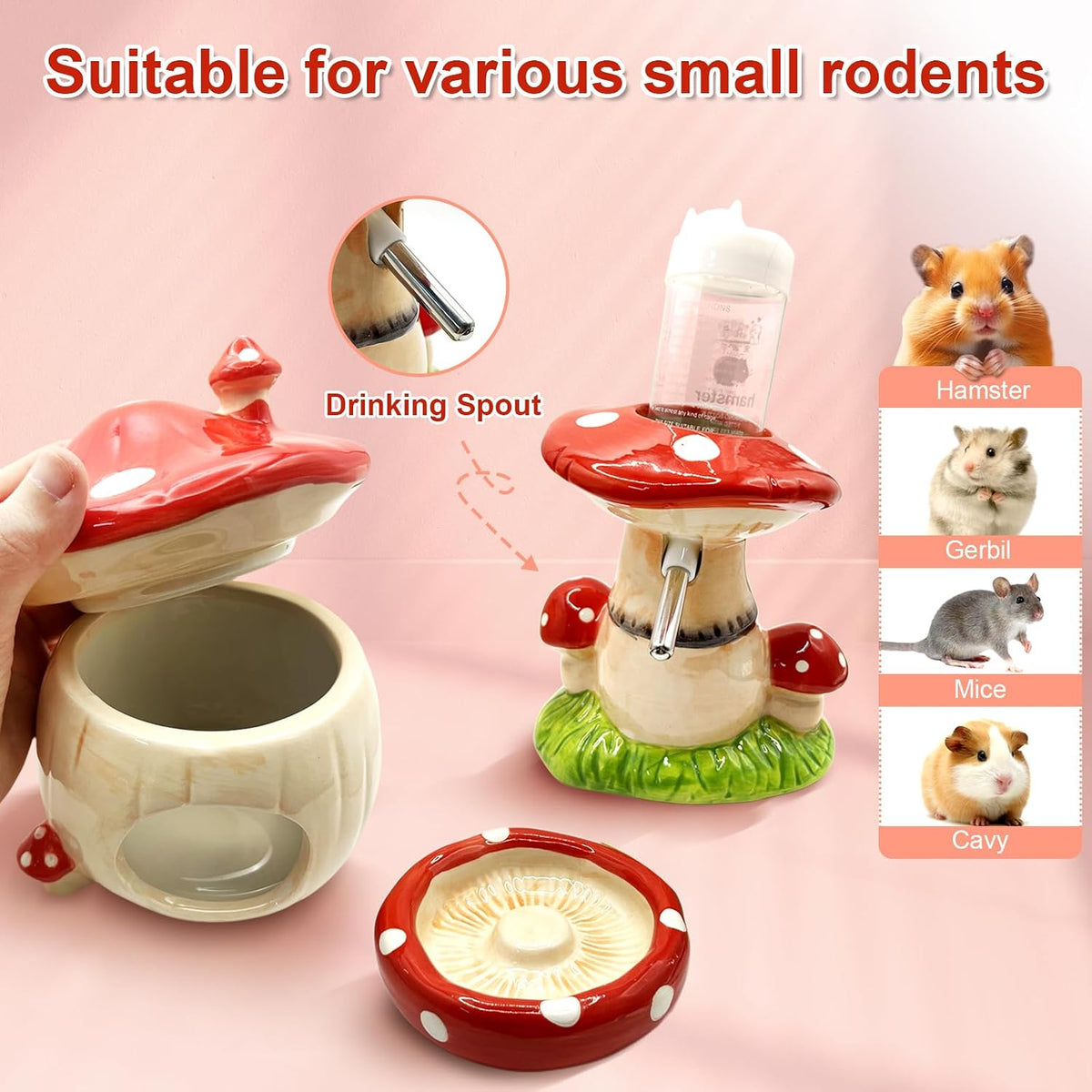 Mushroom Ceramic Hamster Hideout, Water Bottle with Stand, Food Bowl, Hamster Accessories (red)
