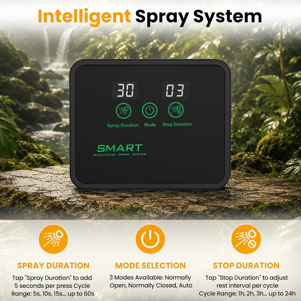 Reptile Mister, Automatic Reptile Misting System with Timer, 360°Adjustable Spray Nozzles, Humidifier for Amphibians Terrariums Rainforest Plants