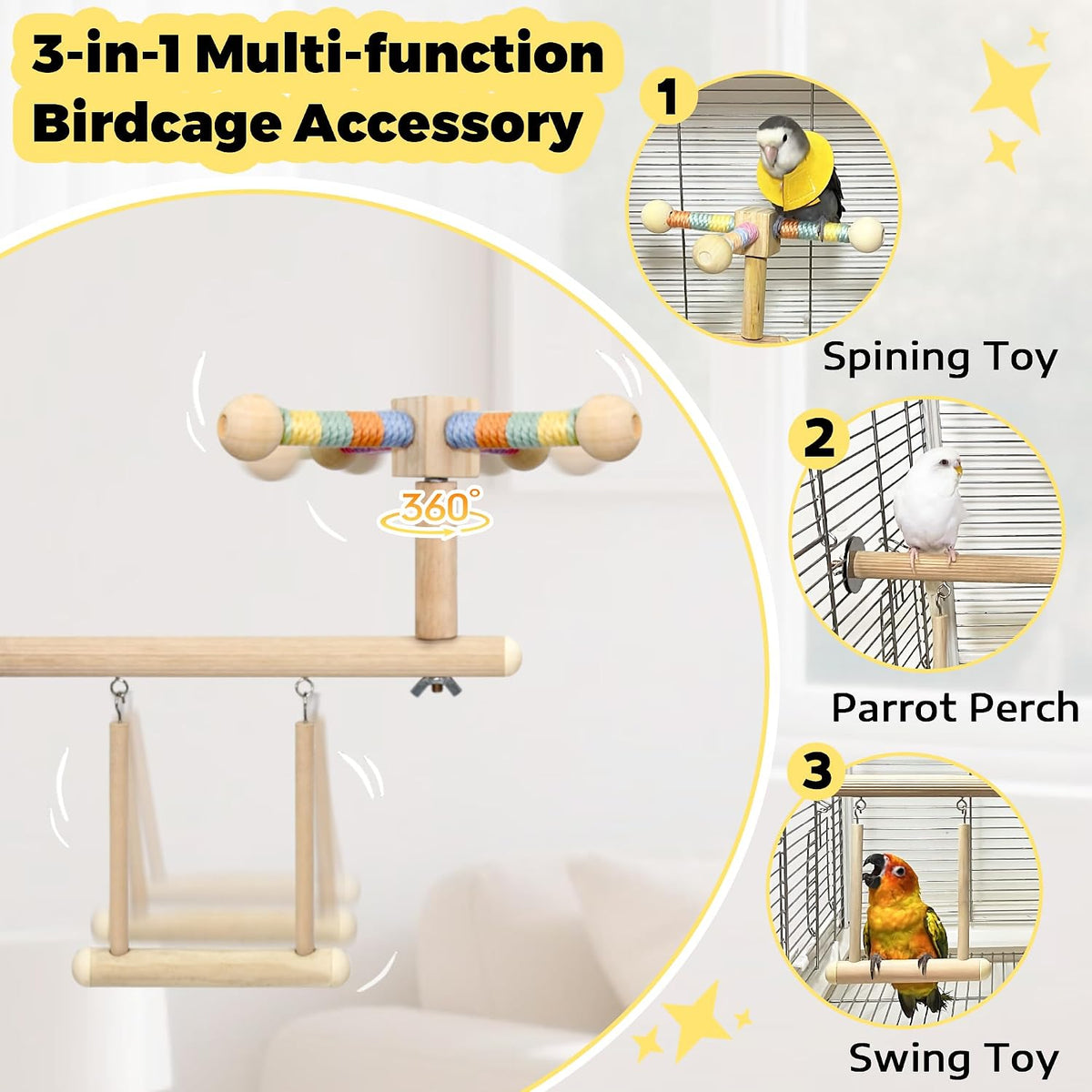 Wooden Bird Perch Swing Toy Combo with Mirror & 360° Spin, Interactive Enrichment Activity Gym Cage Accessories for Parakeet, Cockatiel, Parrot, Budgies, Conure, Lovebird