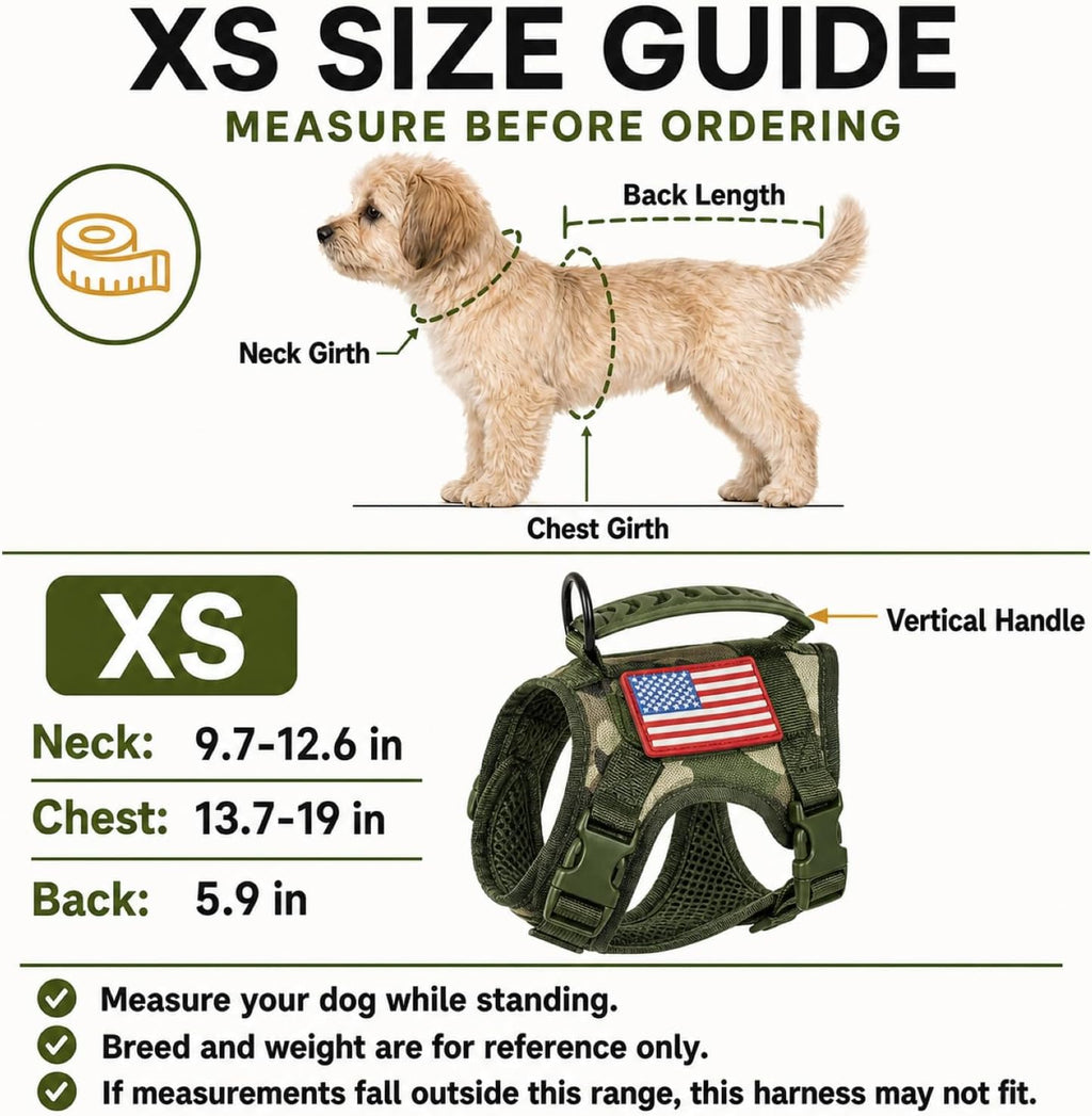 Tactical Service Dog Harness for Small Dogs, Adjustable Military K9 Working Vest with Vertical Handle, Water-Resistant MOLLE Training Gear, Camo, XS