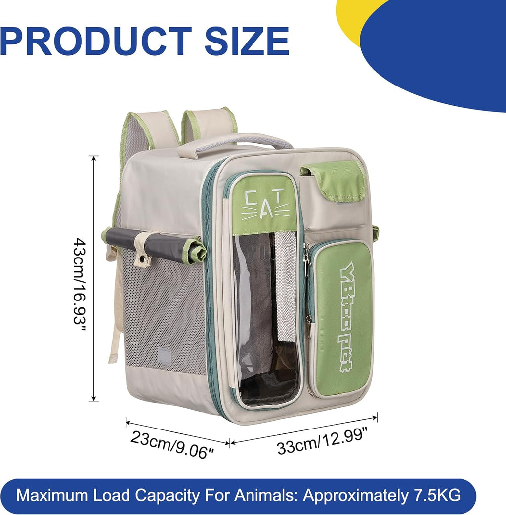Pet Backpack Carrier, Portable and Ventilated, Oxford Cloth, Dogs Cats and Small Animal Travel Bag 12.99" Up to 16.5 Lbs, (Green), Intended for Hiking/Camping/Traveling