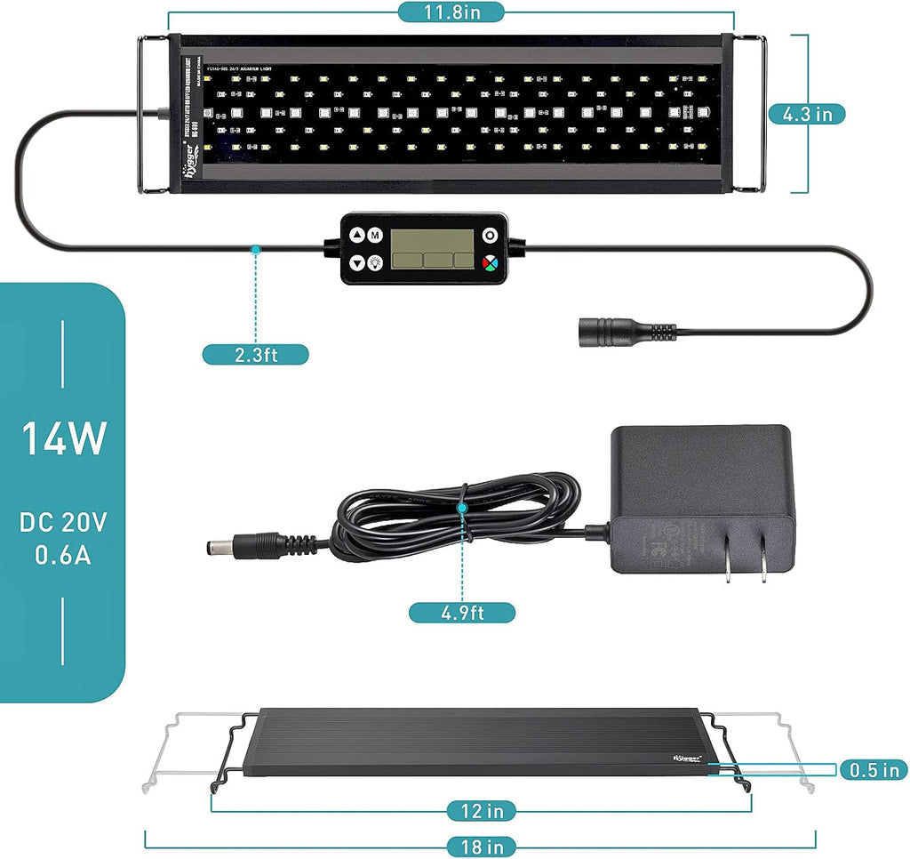 hygger Auto On Off LED Aquarium Light, Full Spectrum Fish Tank Light with LCD Monitor, 24/7 Lighting Cycle, 7 Colors, Adjustable Timer, IP68 Waterproof, 3 Modes for 12"-18" Freshwater Planted Tank