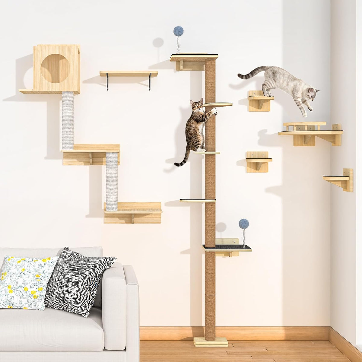 Tall Cat Tree Wall Mounted for Large Cats, 82 inch Scratching Post with Toys, Floor to Ceiling Cats Tower for Corner Area, Kitty Wall Shelf for Sleeping Playing Lounging Perching