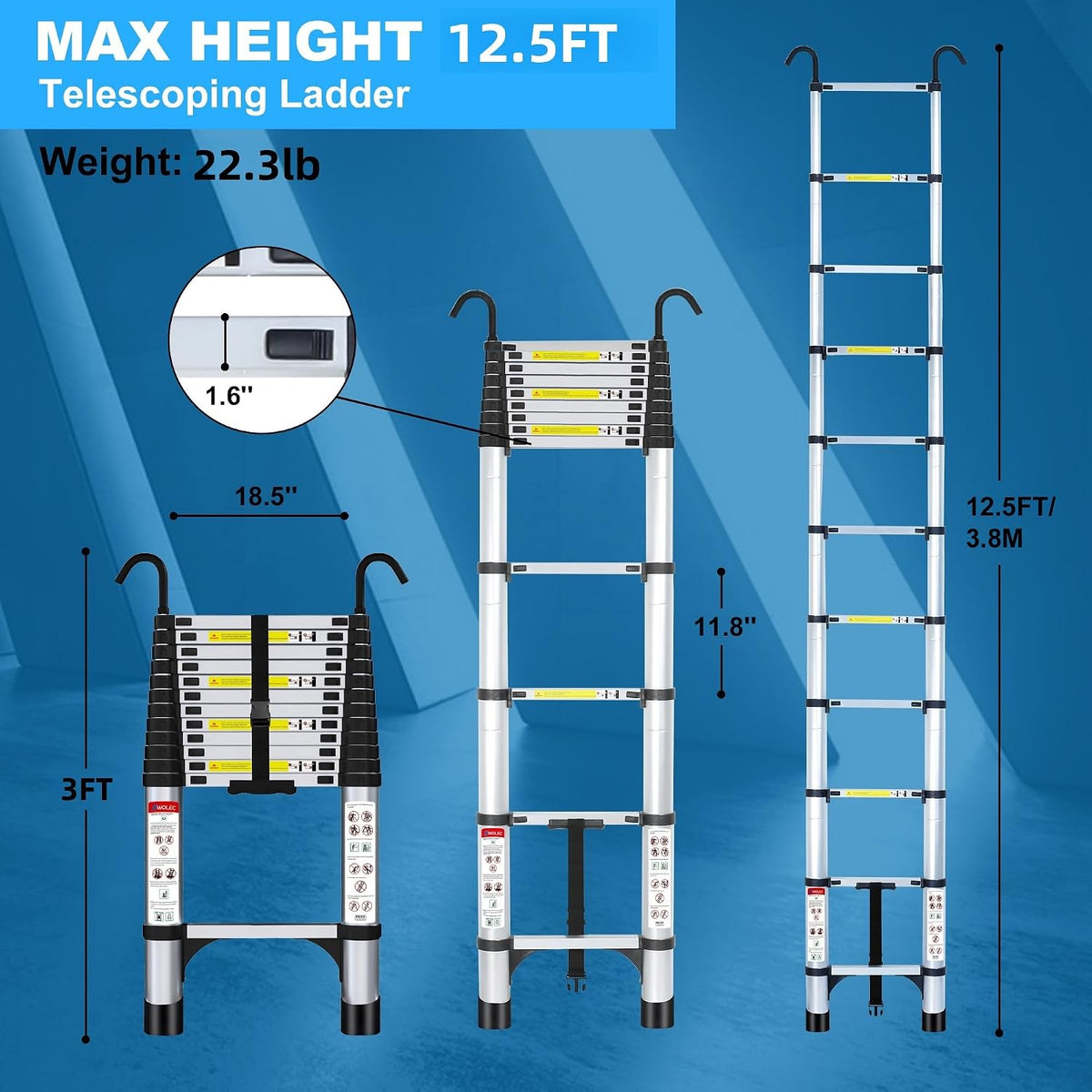 Telescoping Ladder with Hooks, 12.5 FT, 330 lbs Capacity, Silver