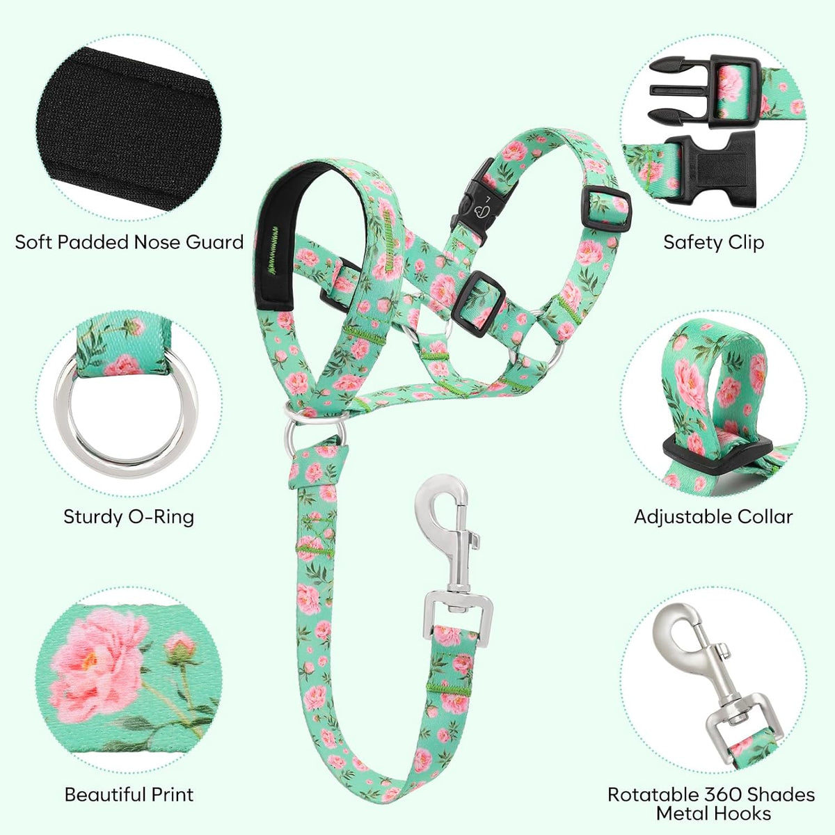 Dog Head Collar, Printed No-Pull Headcollar, Adjustable Dog Head Halter Gentle Lead with Safety Link, 3 Colors Muzzle Leash for Small Medium Large X-Large Dogs Easy Walks(XLarge, Peony)
