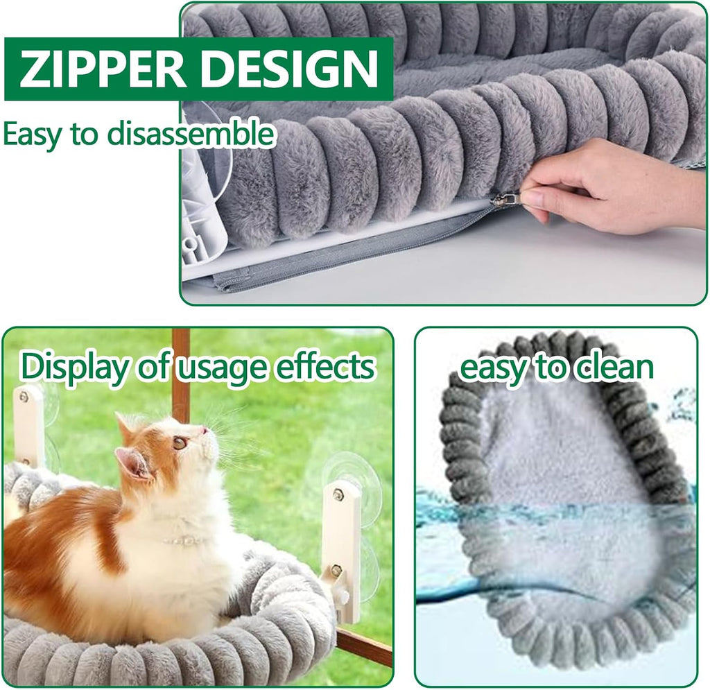 Collapsible Window Perch for Indoor Cats, Large Cats & Kittens - Equipped with a Cat-Catching Stick, Solid Metal Frame, Soft Cover, Strong 4 Suction Cup Wall Mount