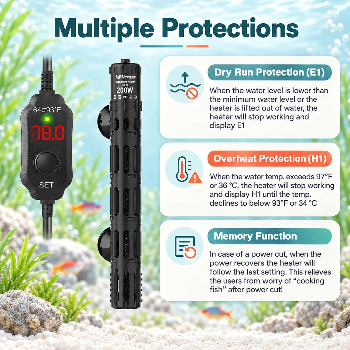 200W Aquarium Heater for 20-40 Gal Tanks with External LED Temp Controller