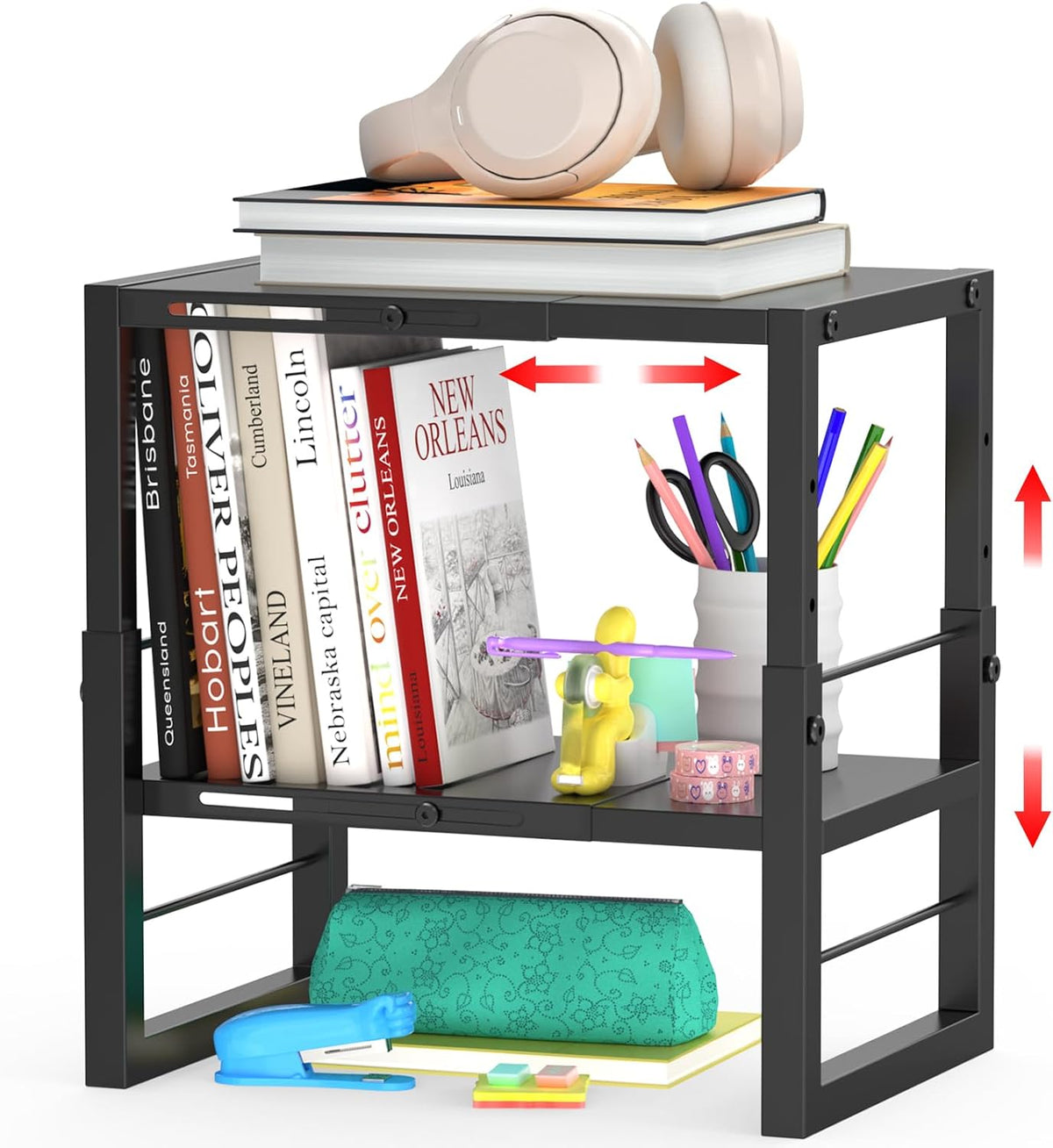 Locker Organizer Shelf, Metal Adjustable Width and Height, Ideal Locker for School, Office, and Gym Lockers, Extends Locker Storage Organization, Black