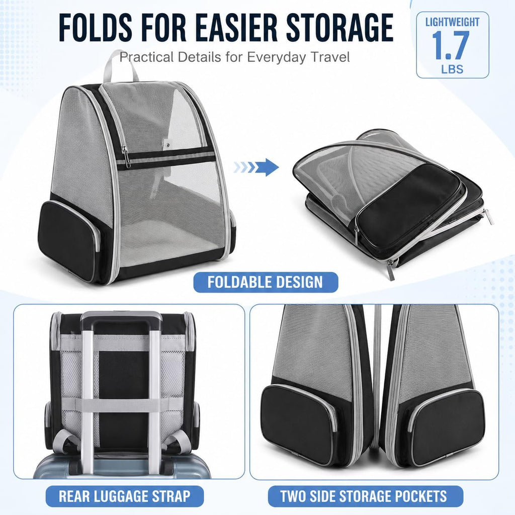 Cat Carrier Backpack for Cats and Small Dogs up to 15 lbs, Soft-Sided Foldable Pet Carrier with Breathable Mesh, Front Upper&Dual Side Entry, Support Frame, Hard Bottom for Vet Visits and Air Travel